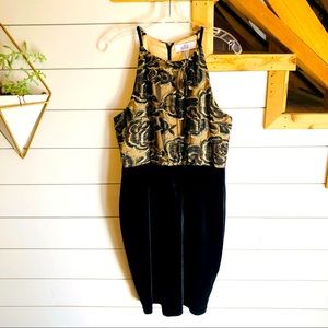 Belle Badgley Mischka Halter Dress Black Gold Lace Overlay Velvet Sexy